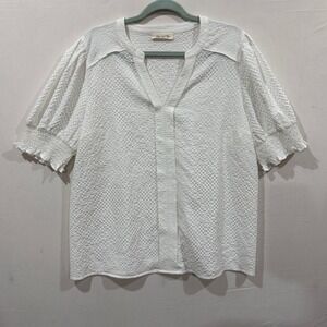 Doe and Rae White Textured Puff Sleeve V-Neck Blouse 1XL 44412TPL Smocked Cuffs